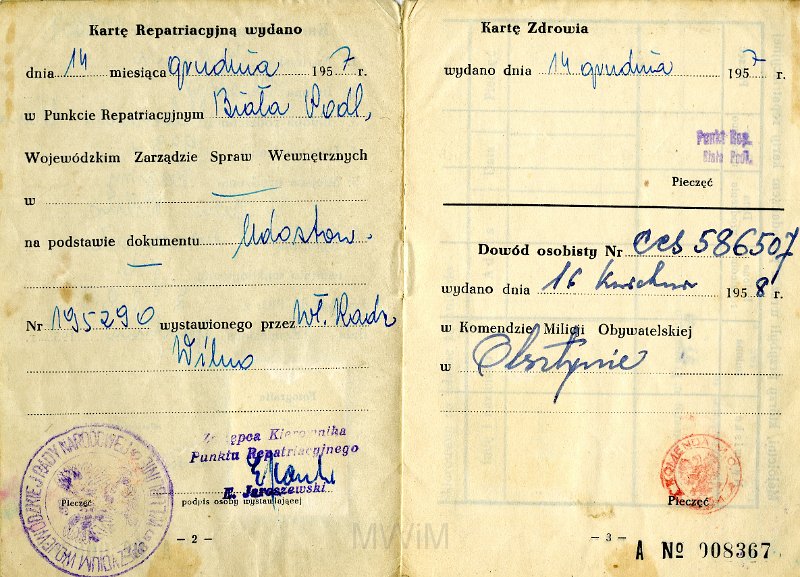 KKE 4544-3.jpg - Karta Repatriacyjna Czesława Kurmina, 1957 r.
